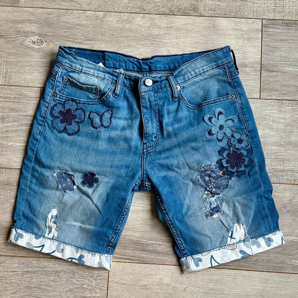 Boho Altered Hand-Embroidered and Stitched Denim Shorts with Handmade Accents